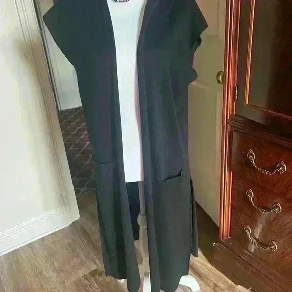 Joan Vass Black Long Duster Open Cardigan Vest Medium Boho NWOT. - Picture 3 of 7
